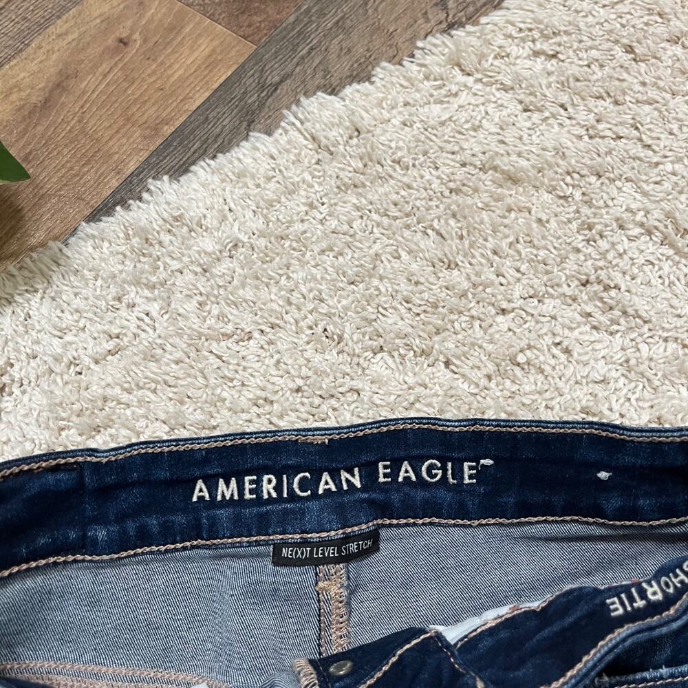 American Eagle 0 Dark Wash Distressed Button Fly High-Rise Shortie Shorts - Picture 4 of 6